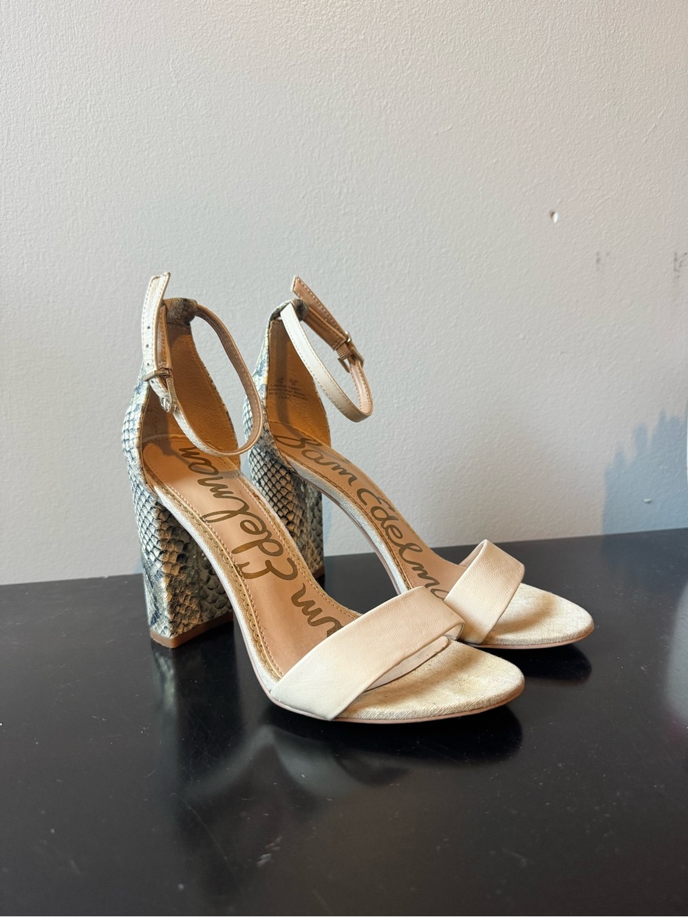 Sam Edelman Ankle-Strap Block Heel Sandals with Snake-Print Heel